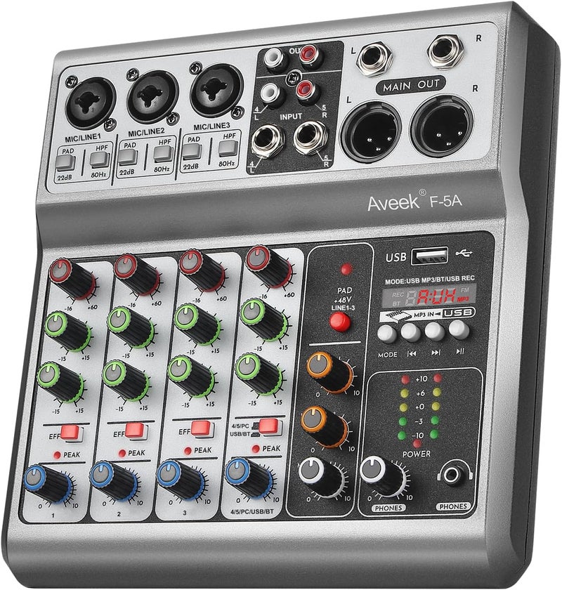 Aveek Professional Audio Mixer, Sound Board Mixing Console with 5 Channel Digital USB Bluetooth Echo Delay Effect, Input 48V Phantom Power Stereo DJ Mixers for Recording, Live Streaming, Podcasting - Image 1